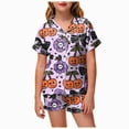 thumbnail image 1 of felwors Kids Halloween Pajamas Kids Pumpkin Ghost Print Girls Silk Pjs Short Sleeve Button-Down Top Shorts Set Kids Girls Clothes (Purple,2-3 Years), 1 of 5