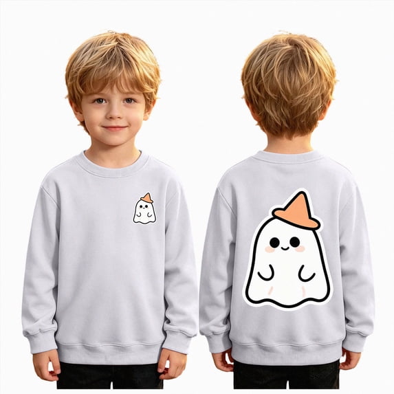 felwors Kids Halloween Sweatshirt Boys Girls Pumpkin Ghost Toddler Shirt Crewneck Long Sleeve Graphic Top (White,7-8 Years)