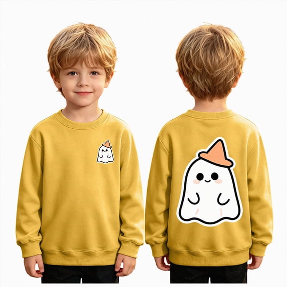 felwors Kids Halloween Sweatshirt Boys Girls Pumpkin Ghost Toddler Shirt Crewneck Long Sleeve Graphic Top (Yellow,3-4 Years)