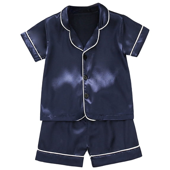 felwors Kids Satin Pajamas Sets Baby Boy Girl Button-Down Silk Sleepwear 2 Piece Short Sleeve Loungewear Clothes Set (12-18 Months, Dark Blue)