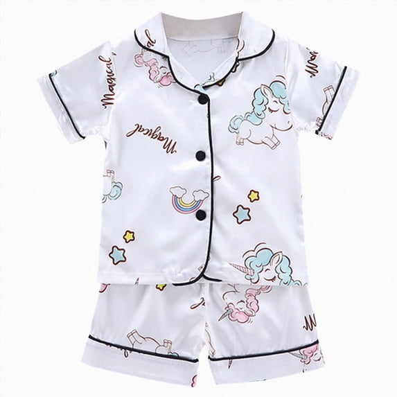 felwors Kids Satin Pajamas Sets Baby Boy Girl Button-Down Silk Sleepwear 2 Piece Short Sleeve Loungewear Clothes Set(White,2-3 Years)
