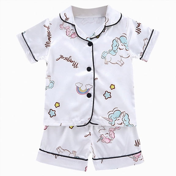 felwors Kids Satin Pajamas Sets Baby Boy Girl Button-Down Silk Sleepwear 2 Piece Short Sleeve Loungewear Clothes Set(White,3-4 Years)