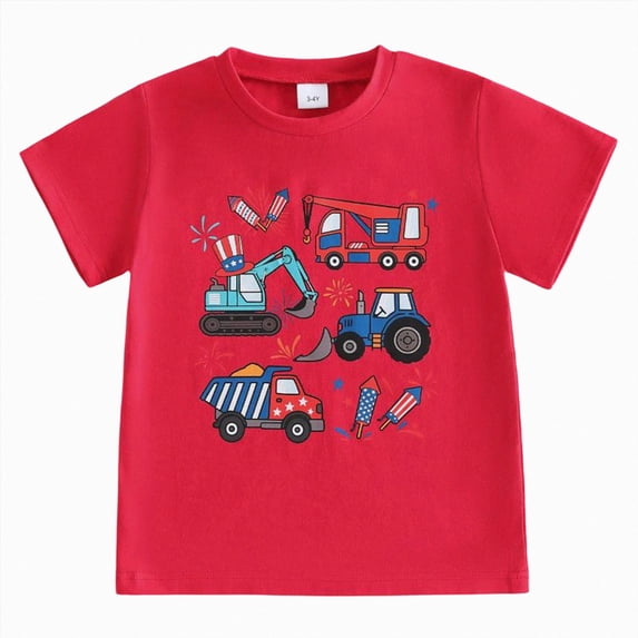 felwors Kids Toddler Boys 4th of July Shirt Construction Vehicle Fireworks American Flag Patriotic Independence T-Shirt (3-4 Years,Red)