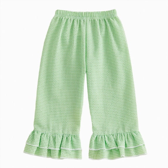 felwors Kids Toddler Girls Ruffle Flare Pants Casual Gingham Plaid Seersucker Pants Elastic Waist Loose Bottoms Trousers
