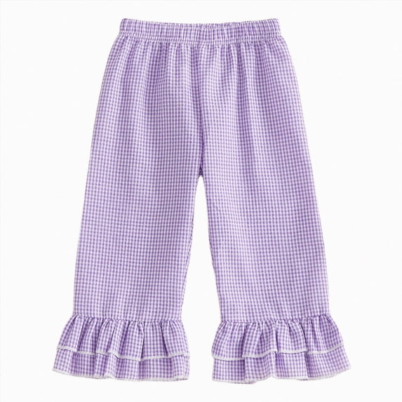 felwors Kids Toddler Girls Ruffle Flare Pants Casual Gingham Plaid Seersucker Pants Elastic Waist Loose Bottoms Trousers