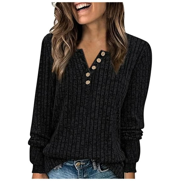 felwors Knit Sweater Women V Neck Button Up Sweaters Jumpers Trendy Tunic Long Sleeve Pullover Tops Comfy Fall Clothes Black, L
