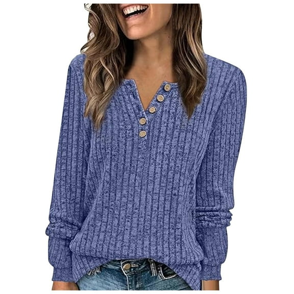 felwors Knit Sweater Women V Neck Button Up Sweaters Jumpers Trendy Tunic Long Sleeve Pullover Tops Comfy Fall Clothes Blue, S