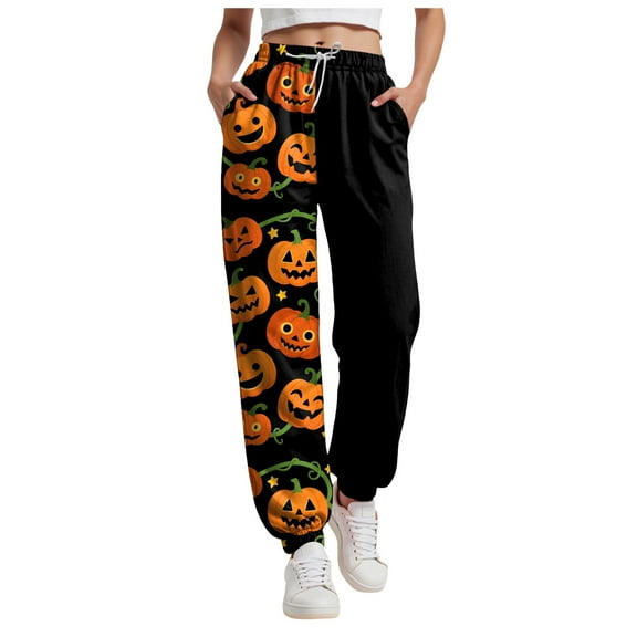 felwors Ladies Halloween Printed Jogger Sweatpants - Soft Fabric, Loose Fit with Adjustable Waistband & Drawstring for All-Day Comfort Black, M