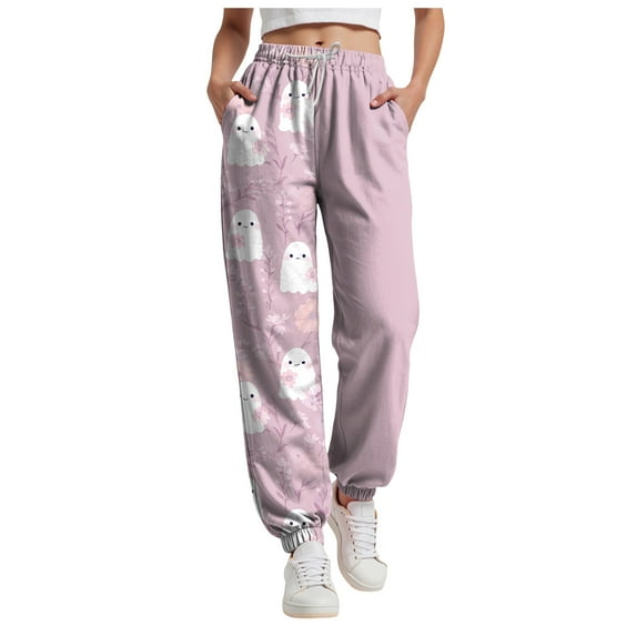 felwors Ladies Halloween Printed Jogger Sweatpants - Soft Fabric, Loose Fit with Adjustable Waistband & Drawstring for All-Day Comfort Purple, S