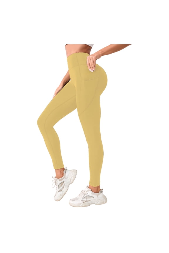 Leggings with Pockets for Women, High Waisted Tummy Control Workout Lift Yoga Pants Activewear (Yellow, XL)