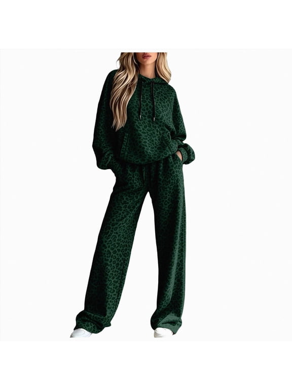 Leopard Oversized Sweatsuits Women, 2 Piece Outfit Cheetah Hoodie Sweatpants Set, Lounge Tracksuit Fall Matching Sets Trendy Streetwear (Dark Green, M)