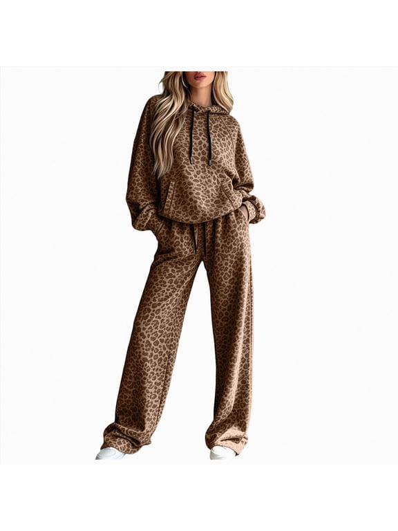 Leopard Oversized Sweatsuits Women, 2 Piece Outfit Cheetah Hoodie Sweatpants Set, Lounge Tracksuit Fall Matching Sets Trendy Streetwear (Khaki, M)