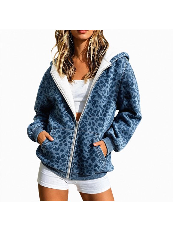 Leopard Print Oversized Zip Up Hoodie Women, Casual Long Sleeve Fall Sweatshirt Fashion Hoodie Streetwear with Pocket (Blue, S)