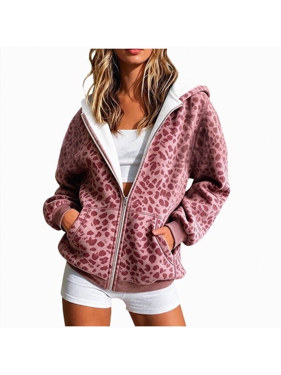 Leopard Print Oversized Zip Up Hoodie Women, Casual Long Sleeve Fall Sweatshirt Fashion Hoodie Streetwear with Pocket (Pink, XXL)
