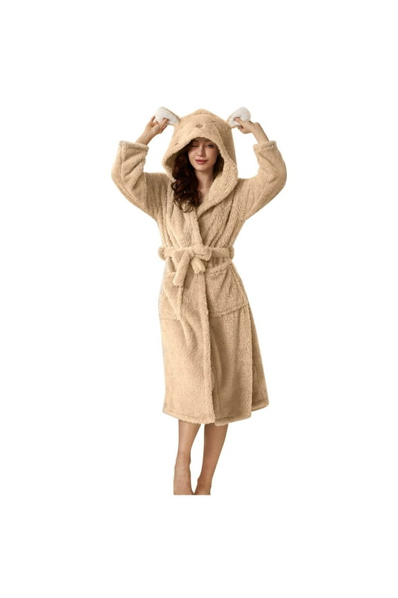 Lightweight Robe plus Size Women's Double Pocket 3d Ear Hooded Flannel Bathrobe Soft Womens Robes with Hood Knee Khaki, XXL