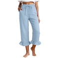 thumbnail image 1 of felwors Linen Blend Capri Pants with Ruffled Cuffs Women's Elastic Waist Wide Leg (Light Blue, XL), 1 of 8