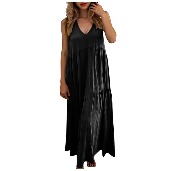 felwors Linen Dresses for Women 2026 Summer V Neck Sleeveless Maxi Dress Casual Boho Tiered Sundress Modest Beach Long Dress (Black, XXL)