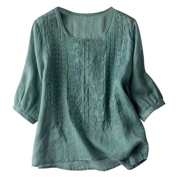 felwors Linen Shirts for Women Summer 2025 Retro Embroidered 3/4 Sleeve Boho Tops Dressy Casual Blouses Teacher Loose Tunics Blue, XXXL
