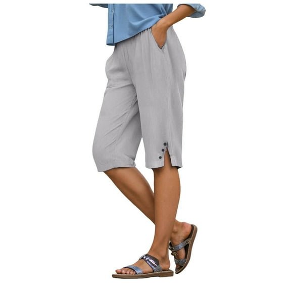 felwors Linen Shorts Women Casual Soft Bermuda Shorts Knee Length Summer Side Split Button Capri Pants with Pockets Plus Size Dark Gray, L