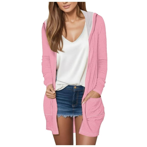 felwors Long Cardigans Sweaters for Women, 2025 Fall Lightweight Trendy Casual Comfy, Open Front Hooded Cardigans with Pocket Pink, M