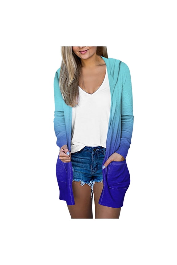 Long Cardigans for Women Trendy 2025 Summer Lightweight Casual Comfy Open Front Hooded Cardigan Sweater with Pocket Blue, M