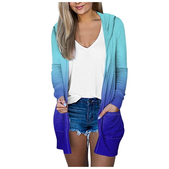 felwors Long Cardigans for Women Trendy 2025 Summer Lightweight Casual Comfy Open Front Hooded Cardigan Sweater with Pocket Blue, S