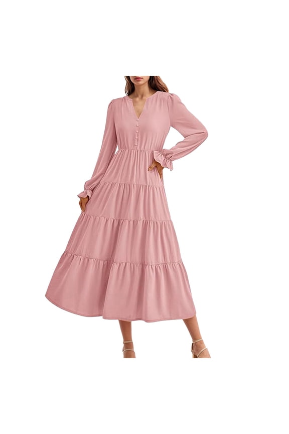 Long Sleeve Dress for Women 2025 Fall V Neck Tiered Spring Elegant Modest Flowy Wedding Guest Maxi Dresses Pink, S