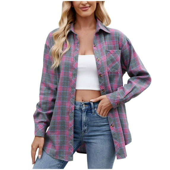 felwors Long Sleeve Plaid Shirt for Women Button Down Shirts Buffalo Shackets Business Casual Blouses Grey, L
