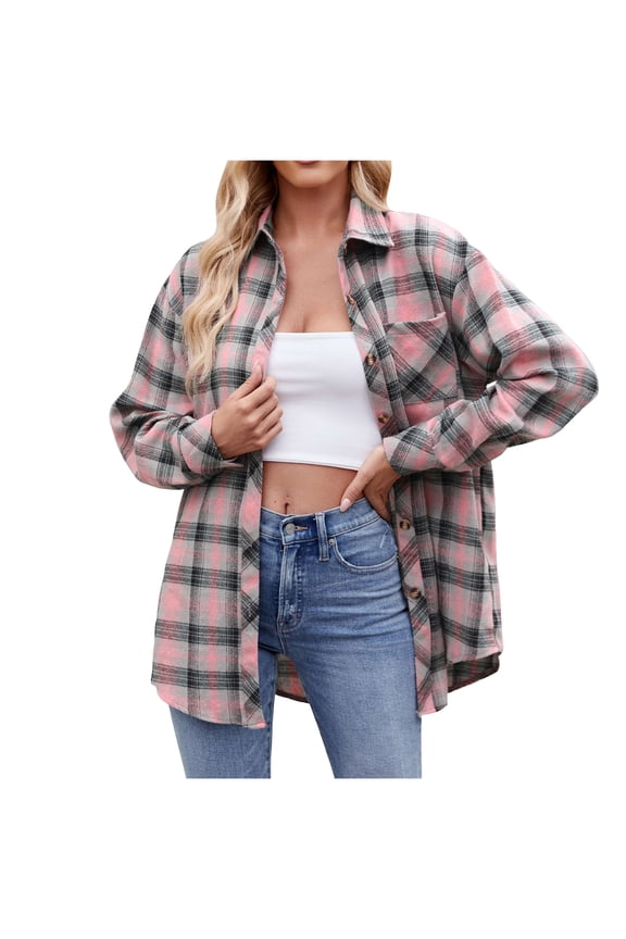 Long Sleeve Plaid Shirt for Women Button Down Shirts Buffalo Shackets Business Casual Blouses Pink, L