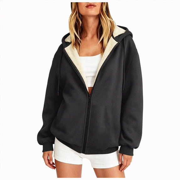 felwors Long Sleeve Sherpa-Lined Zip-Up Hoodie with Balloon Sleeves Oversized Fleece Sweatshirt for Women Winter Warm Casual Black for Size S