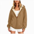 thumbnail image 1 of felwors Long Sleeve Sherpa-Lined Zip-Up Hoodie with Balloon Sleeves Oversized Fleece Sweatshirt for Women Winter Warm Casual Khaki for Size S, 1 of 6