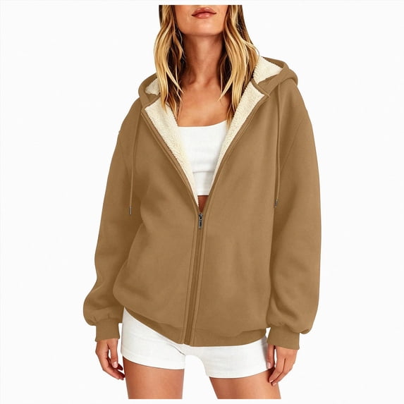 felwors Long Sleeve Sherpa-Lined Zip-Up Hoodie with Balloon Sleeves Oversized Fleece Sweatshirt for Women Winter Warm Casual Khaki for Size S