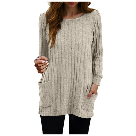 felwors Long Sleeve Shirts for Women Long Sweaters with Pockets Tunic Tops Loose Fit Beige, XXL