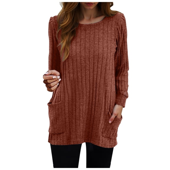 felwors Long Sleeve Shirts for Women Long Sweaters with Pockets Tunic Tops Loose Fit Brick Red, L