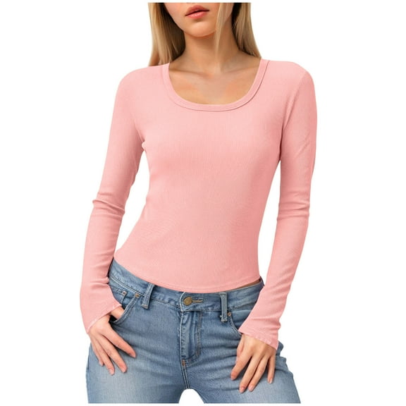 felwors Long Sleeve Shirts for Women Ribbed Scoop Neck Tops 2025 Fall Basic Tees Fitted Thermal Undershirts Clothes Pink, M