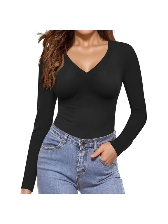 Long Sleeve Shirts for Women V Neck Basics Tops Lightweight Base Layer Slim Fit Top Thermal Undershirts (Black, XS)