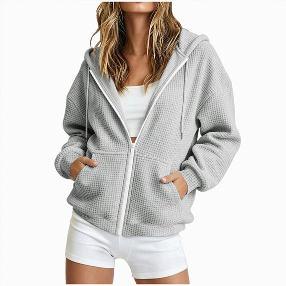 felwors Long Sleeve Waffle Knit Zip-Up Hoodie Oversized Textured Sweatshirt with Kangaroo Pocket for Women Fall Casual Cozy Light Gray for Size XL