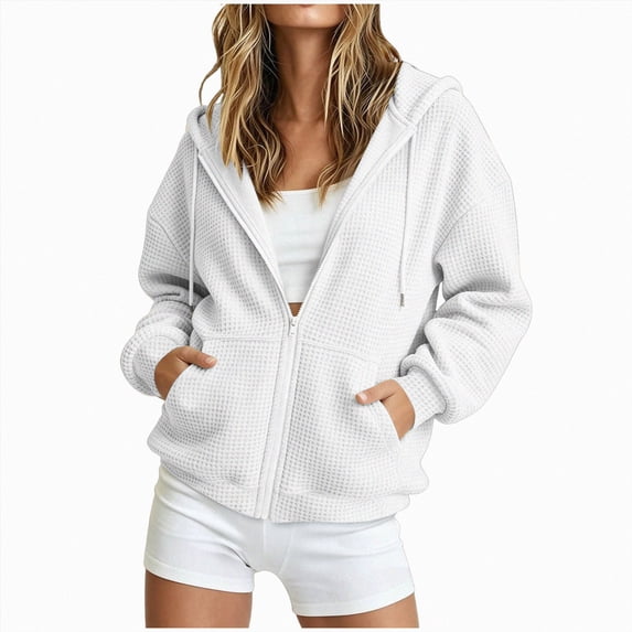 felwors Long Sleeve Waffle Knit Zip-Up Hoodie Oversized Textured Sweatshirt with Kangaroo Pocket for Women Fall Casual Cozy White for Size XXL