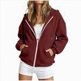 thumbnail image 1 of felwors Long Sleeve Waffle Knit Zip-Up Hoodie Oversized Textured Sweatshirt with Kangaroo Pocket for Women Fall Casual Cozy Wine for Size XXL, 1 of 7
