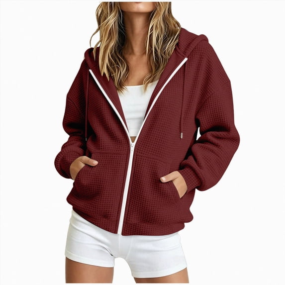felwors Long Sleeve Waffle Knit Zip-Up Hoodie Oversized Textured Sweatshirt with Kangaroo Pocket for Women Fall Casual Cozy Wine for Size XXL
