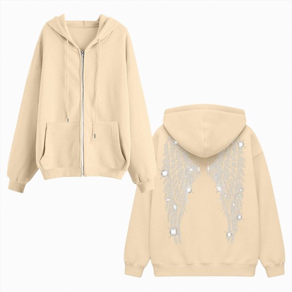 felwors Long Sleeve Zip-Up Rhinestone Angel Wing Hoodie Oversized Embellished Sweatshirt for Women Evening Casual Khaki for Size XXL