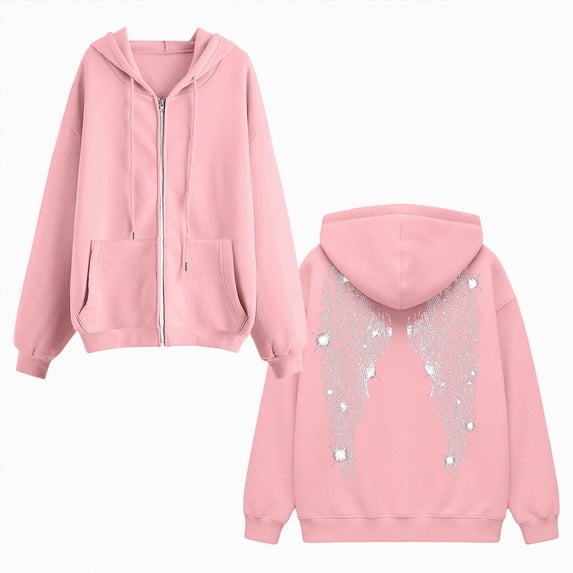 felwors Long Sleeve Zip-Up Rhinestone Angel Wing Hoodie Oversized Embellished Sweatshirt for Women Evening Casual Pink for Size XXXL