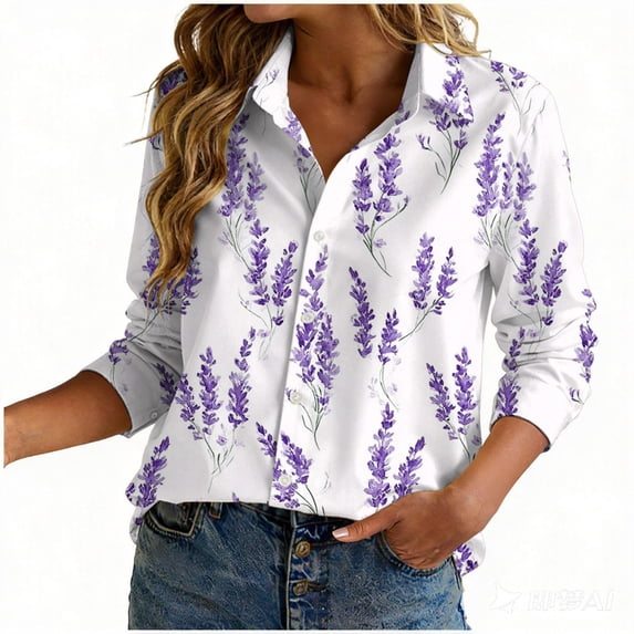 felwors Loose Fit Printed Button-Up Shirts for Women - Soft Lightweight Long Sleeve Blouses, Wrinkle Resistant, Perfect for Work & Vacation (Purple, L)