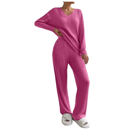 felwors Lounge Sets for Women Long Sleeve Knit Ribbed Pajama Sets 2 Piece Loungewear with Pockets RD1, XL