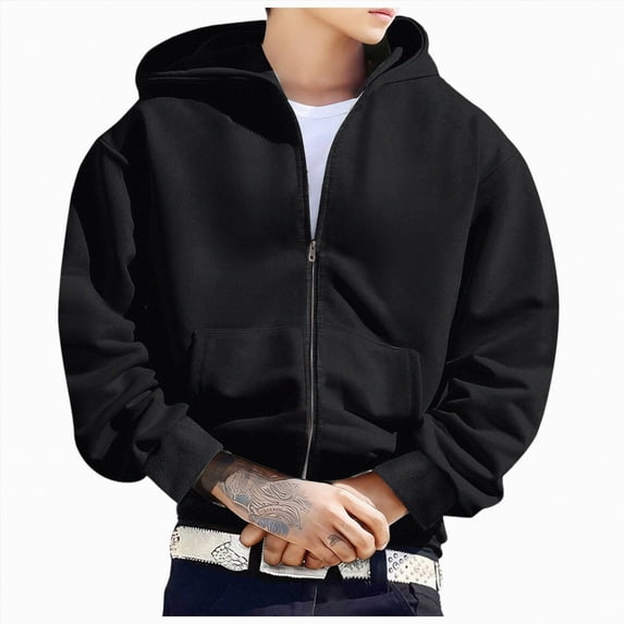 felwors Men's Oversized Zip Up Hoodie Fleece Sweatshirts with Pockets Long Sleeve Winter Jackets Black for Size M