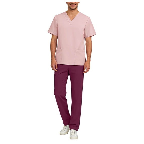 felwors Men's Scrub Set – Stretch V-Neck Multi-Pocket Mens Medical Uniform Scrubs Top & Cargo Pants (Light Pink, L)