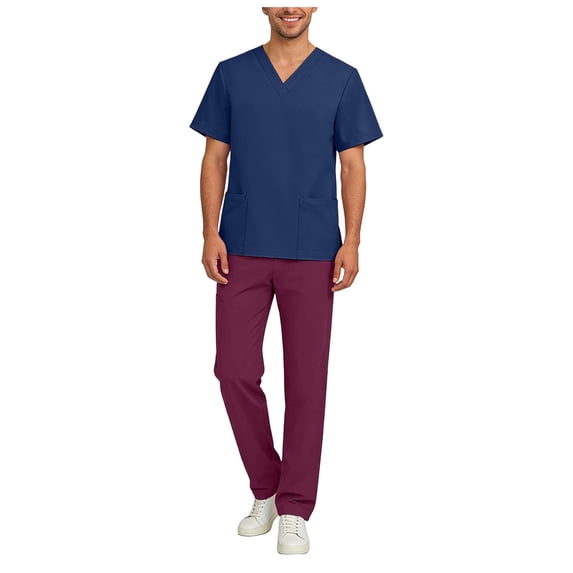 felwors Men's Scrub Set – Stretch V-Neck Multi-Pocket Mens Medical Uniform Scrubs Top & Cargo Pants (Navy, XL)