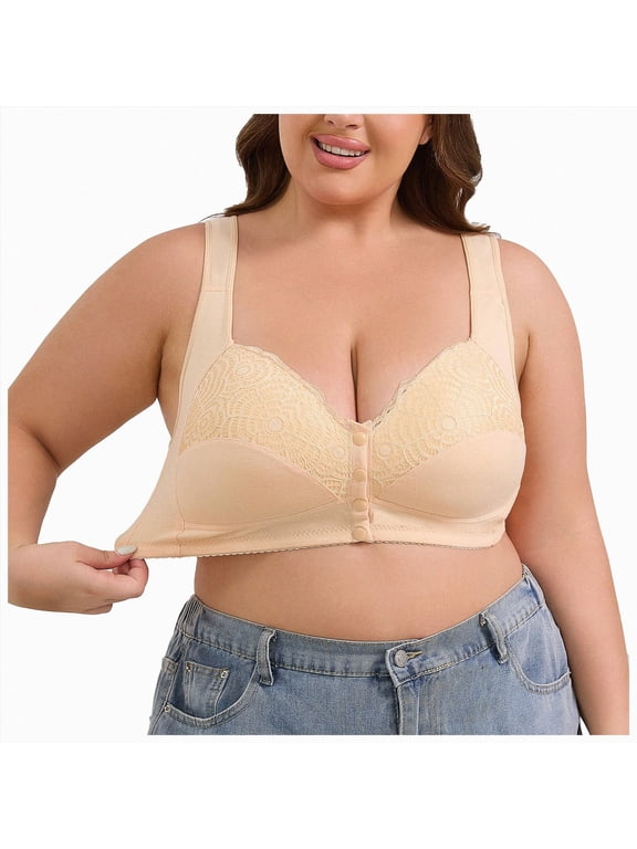 Minimizer Bras for Women Full Coverage Front Button Supportive Bra Plus Size Lift Unlined Lace Bralette for Large Bust Light Yellow for Size 44G