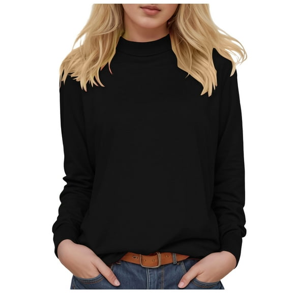 felwors Mock Neck Tops for Women Long Sleeve Basic Cute Fall Shirts Dressy Casual Lightweight Work Blouse Undershirt Black, M