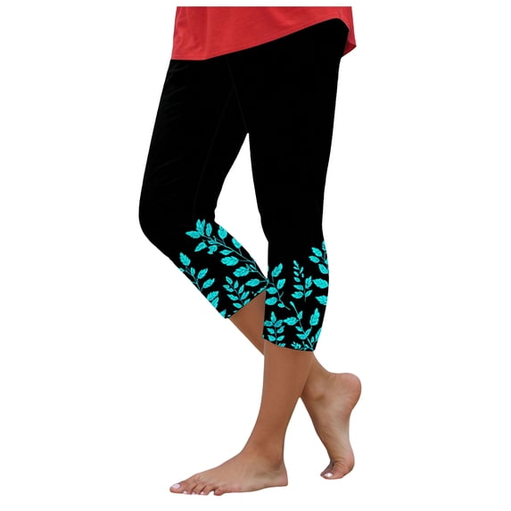 felwors Multi Floral Print High Waist Capri Leggings for Women Green M